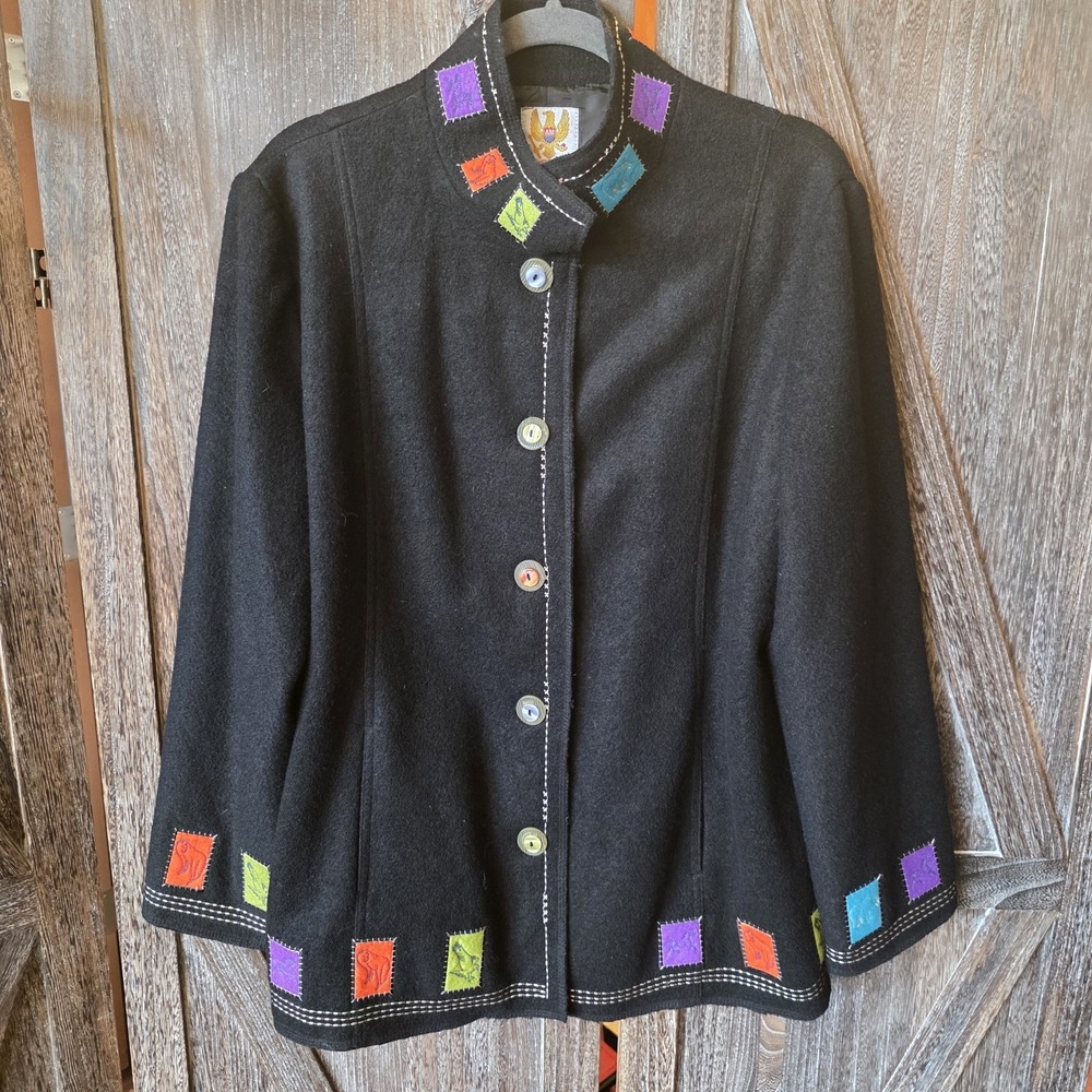Ameri Mode Jacket Women's Size XXL Black Embellished Applique Wool Blend Buttons